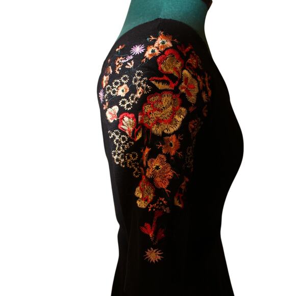 Free People Black Fit and Flare Skater Dress Embroidered  Sleeves Scoop Back S - Picture 5 of 8